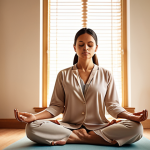 **Prompt:** A healthcare administrator practicing mindful meditation in a serene office setting, balanced with icons representing family, friends, and hobbies. Soft, warm lighting and a calm color palette to convey peace and well-being.