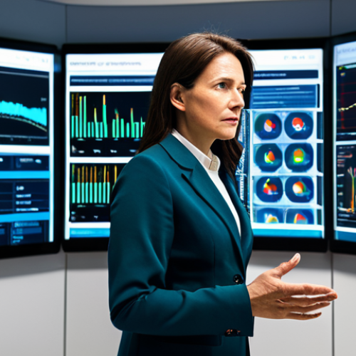 Home 17 A professional healthcare administrator, a woman in her 40s, wearing a smart, modest business suit in a muted color. She stands thoughtfully in a modern, brightly lit healthcare command center, surrounded by multiple large digital screens displaying complex data visualizations, patient flow charts, and real-time medical statistics. Her pose is natural, with one hand slightly gesturing towards a screen, indicating analysis or decision-making. The atmosphere is organized and high-tech. This is a professional photograph, with sharp focus and high detail, captured with cinematic lighting. fully clothed, appropriate attire, professional dress, safe for work, appropriate content, perfect anatomy, correct proportions, natural body proportions, well-formed hands, proper finger count.