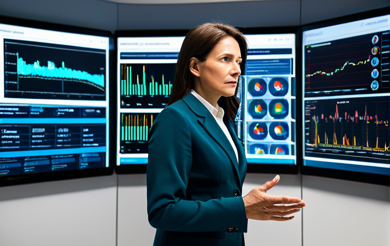 A professional healthcare administrator, a woman in her 40s, wearing a smart, modest business suit in a muted color. She stands thoughtfully in a modern, brightly lit healthcare command center, surrounded by multiple large digital screens displaying complex data visualizations, patient flow charts, and real-time medical statistics. Her pose is natural, with one hand slightly gesturing towards a screen, indicating analysis or decision-making. The atmosphere is organized and high-tech. This is a professional photograph, with sharp focus and high detail, captured with cinematic lighting. fully clothed, appropriate attire, professional dress, safe for work, appropriate content, perfect anatomy, correct proportions, natural body proportions, well-formed hands, proper finger count.