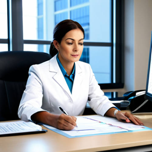 Home 8 Healthcare Administrator in a Modern Office**
"A professional healthcare administrator, fully clothed in a modest business suit, reviewing charts at a desk in a bright, modern hospital office. The setting includes computer screens displaying medical data, and the administrator is focused and engaged. Safe for work, appropriate content, perfect anatomy, correct proportions, professional lighting, high resolution, family-friendly."
**