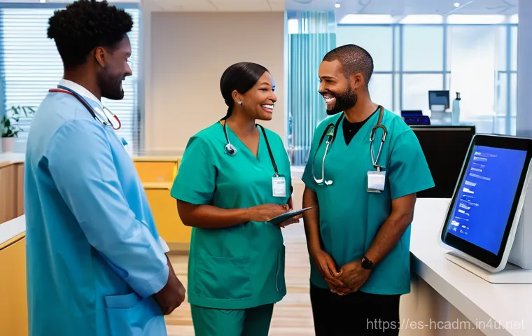 보건의료행정사 자격증 장점과 단점 - **Prompt:** A vibrant, modern hospital lobby filled with diverse patients and their families, some c...