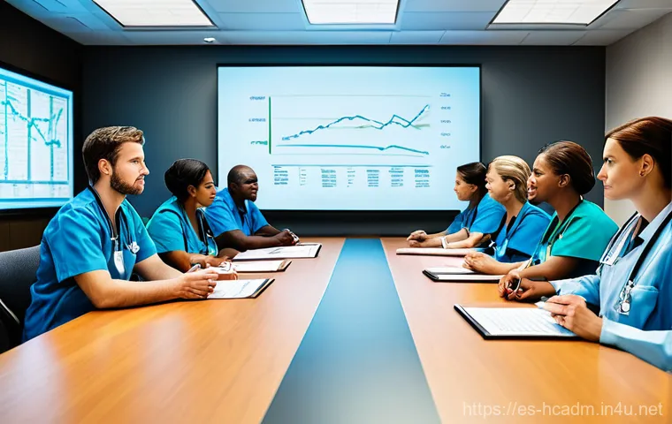 보건의료행정사 자격증 장점과 단점 - **Prompt:** A high-tech operations control room within a large healthcare facility. A diverse team o...