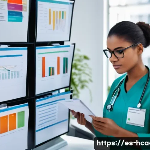Home 29 보건의료행정사 신규 취업 후 유의사항 - A professional administrative healthcare worker organizing physical and digital documents in a moder...