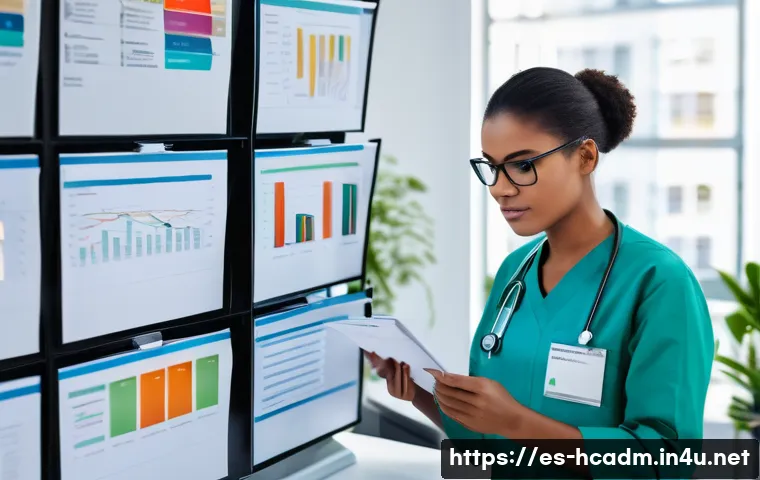 보건의료행정사 신규 취업 후 유의사항 - A professional administrative healthcare worker organizing physical and digital documents in a moder...