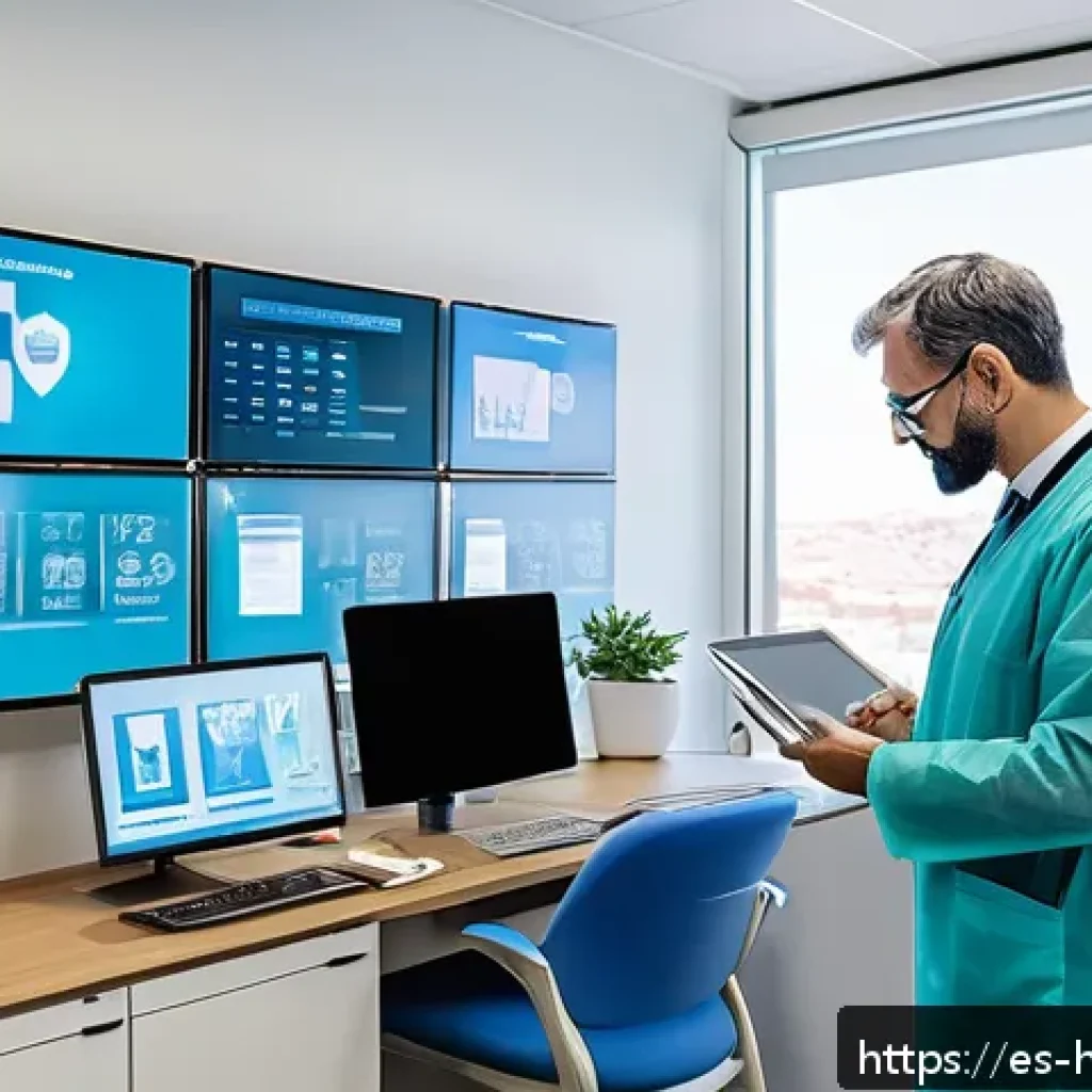 보건의료행정사 관련 법률 및 정책 변화 - A modern hospital administrative office in Spain, showcasing a diverse group of healthcare professio...