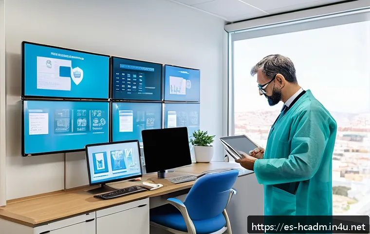 보건의료행정사 관련 법률 및 정책 변화 - A modern hospital administrative office in Spain, showcasing a diverse group of healthcare professio...