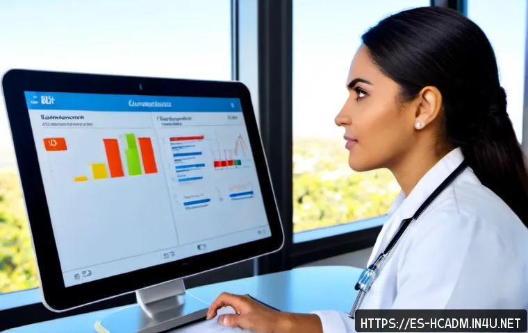 Home 17 보건의료행정사와 업무 자동화 툴 - Photorealistic healthcare administrator in a modern Spanish-speaking clinic, professionally dressed ...