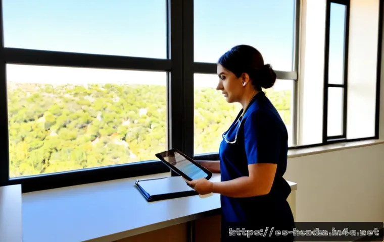 Home 17 보건의료행정사와 병원 내 커뮤니케이션 - Photorealistic Spanish hospital administrative office, a healthcare administrator in professional at...
