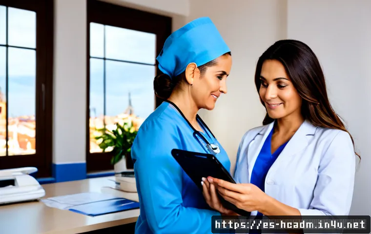 보건의료행정사와 건강보험의 관계 - Photorealistic Spanish public healthcare administration scene, a middle-aged healthcare administrato...
